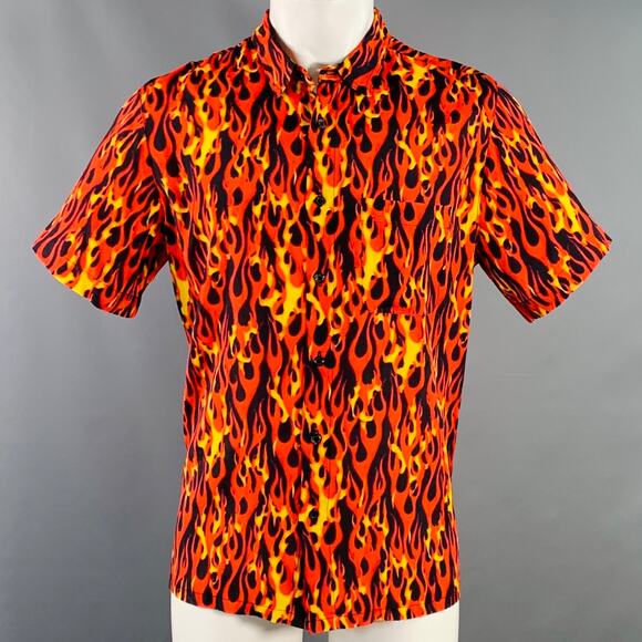 R13 SS20 Size M Orange Yellow Black Flames Viscose One Pocket Short Sleeve Shirt - Picture 1 of 8